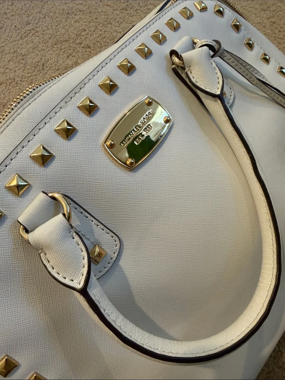 Michael Kors Cream Saffiano Satchel with Gold Stud Trim